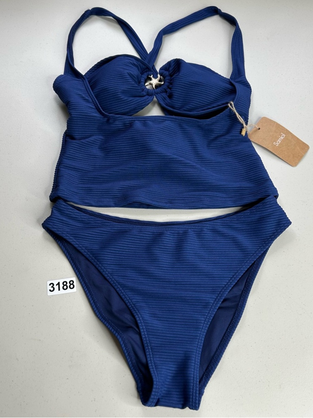 Samiol Tankini Bikini Set Medium Blue Decorative Metallic Thread NWT
